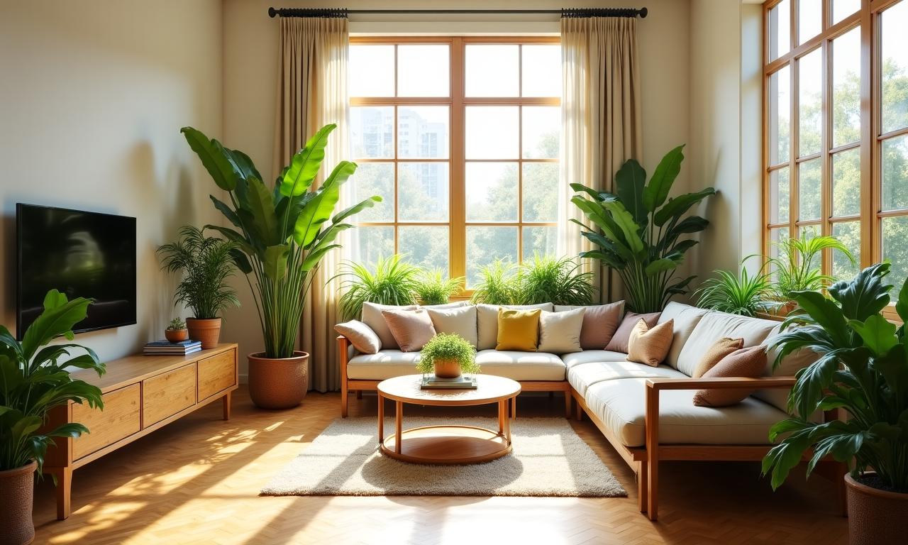 Ein lichtdurchflutetes, nachhaltig gestaltetes Wohnzimmer mit vielen Pflanzen