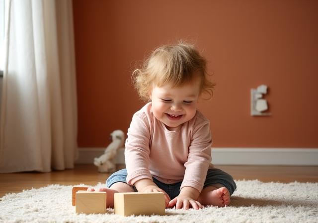 Ein Kind spielt in einem sicher und schadstofffrei gestrichenen Kinderzimmer